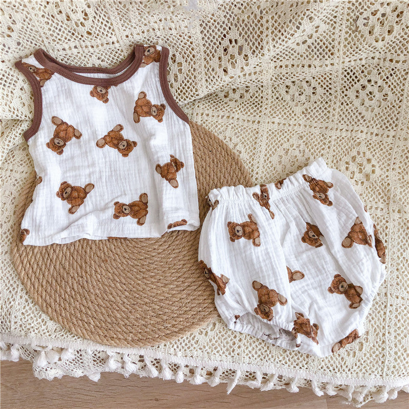 Baby Suit Summer Clothes Soft Cotton Yarn Cartoon Bear Sleeveless Bloomers Suit