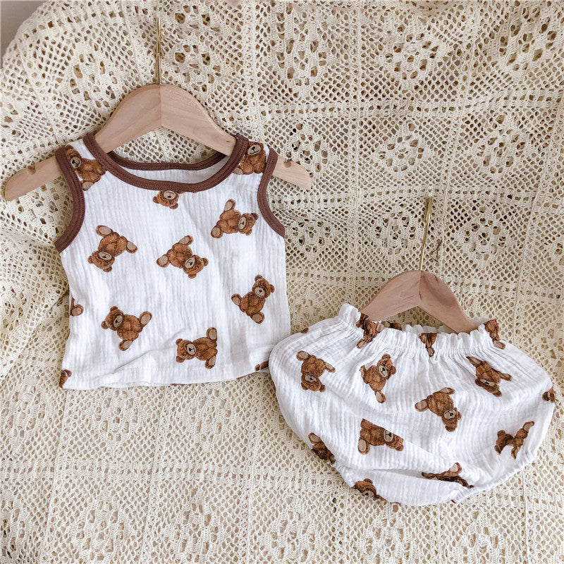 Baby Suit Summer Clothes Soft Cotton Yarn Cartoon Bear Sleeveless Bloomers Suit