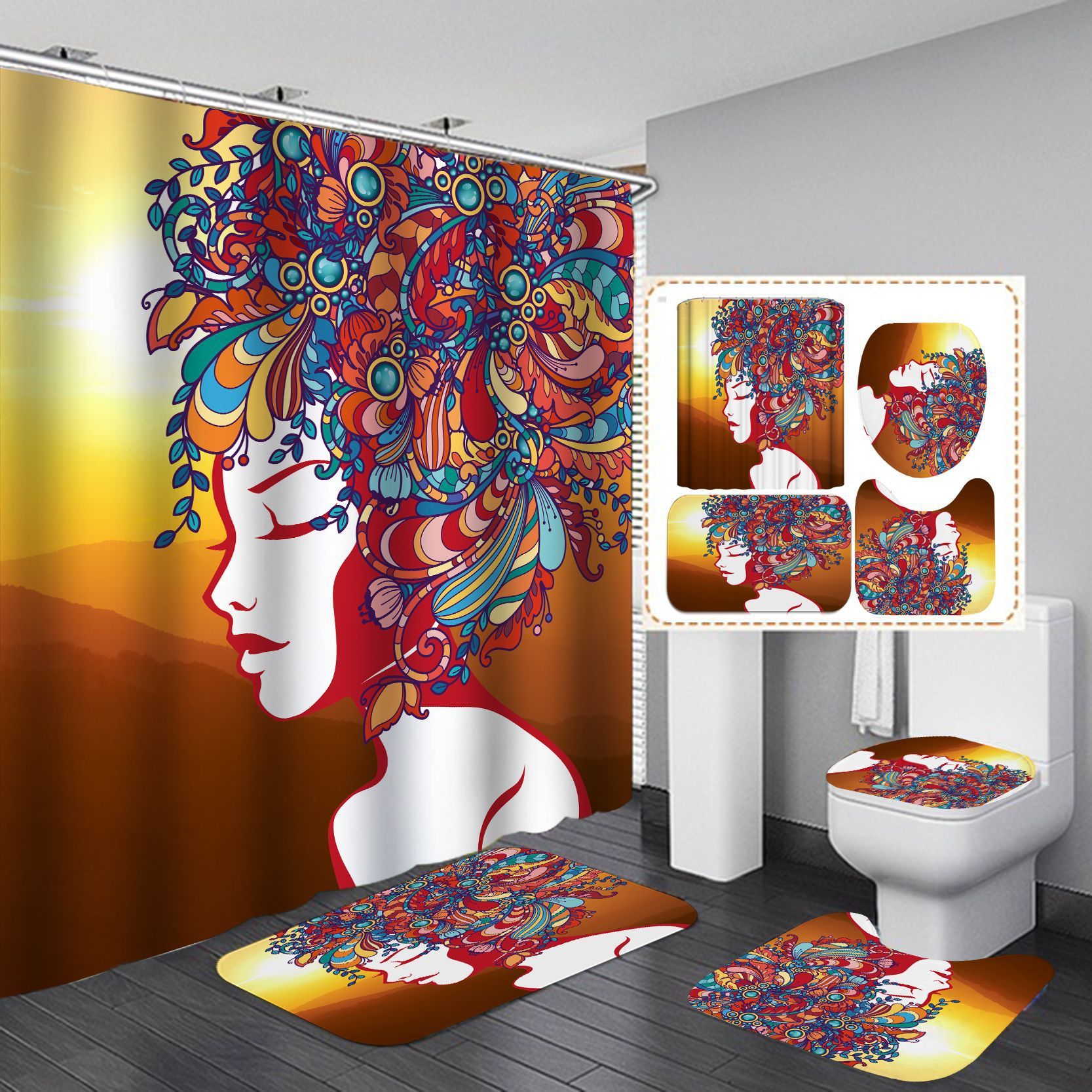Manufacturers sell shower curtain creative printing waterproof shower cloth at home bathroom shower curtain four sets of wholesale