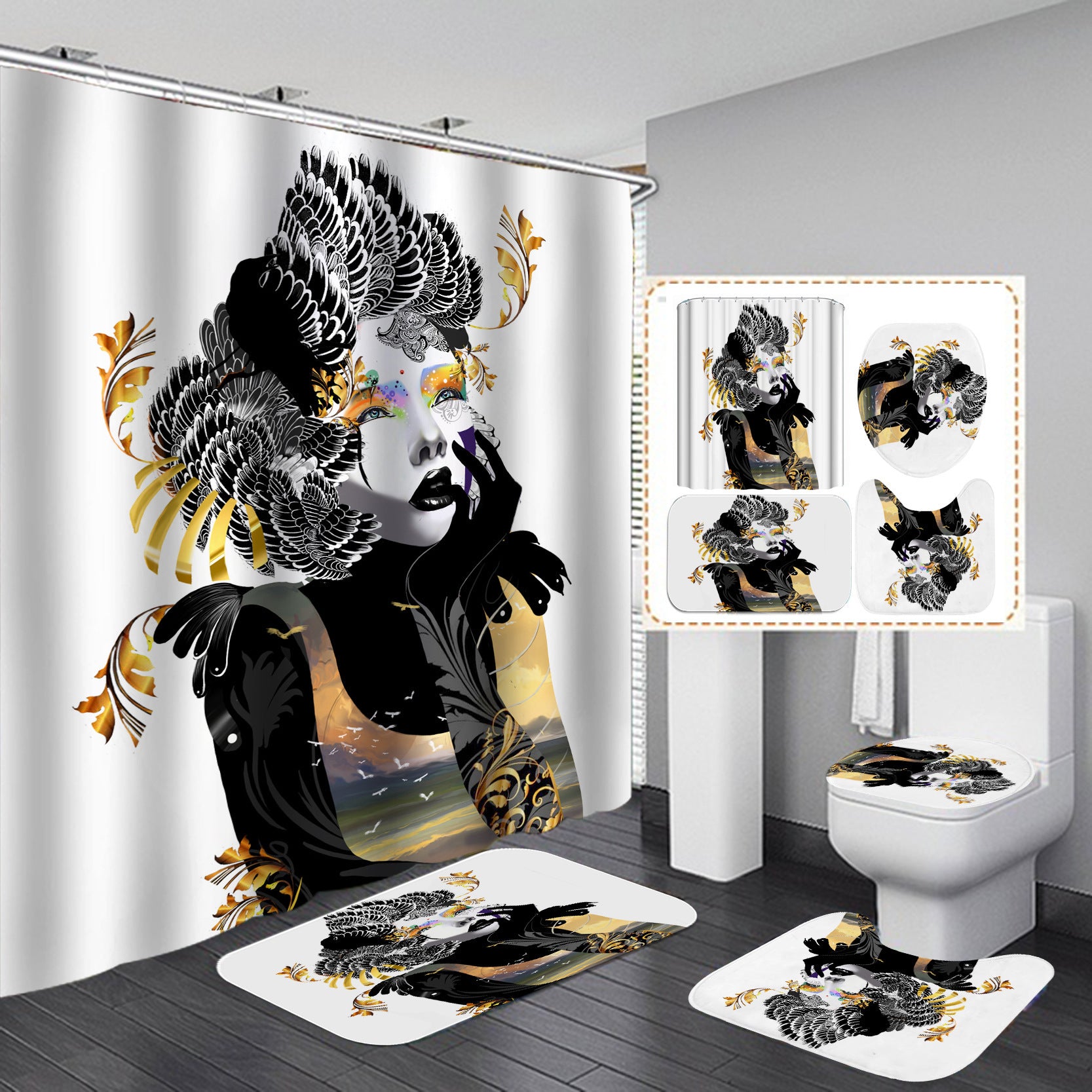 Manufacturers sell shower curtain creative printing waterproof shower cloth at home bathroom shower curtain four sets of wholesale