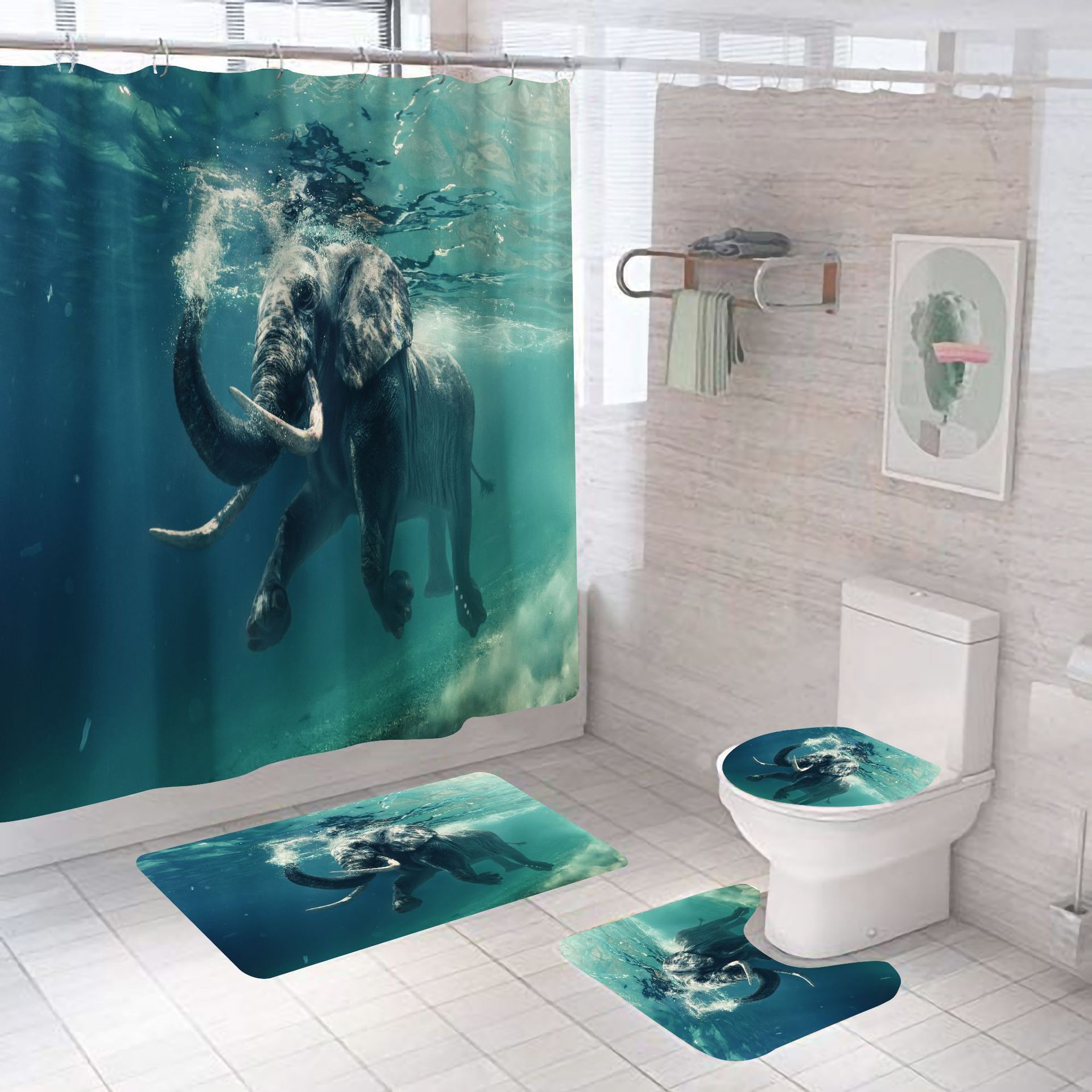 Manufacturers Sell Underwater World Series Waterproof Shower Cloth Digital Printing Bathroom Shower Curtain Four Sets Wholesale