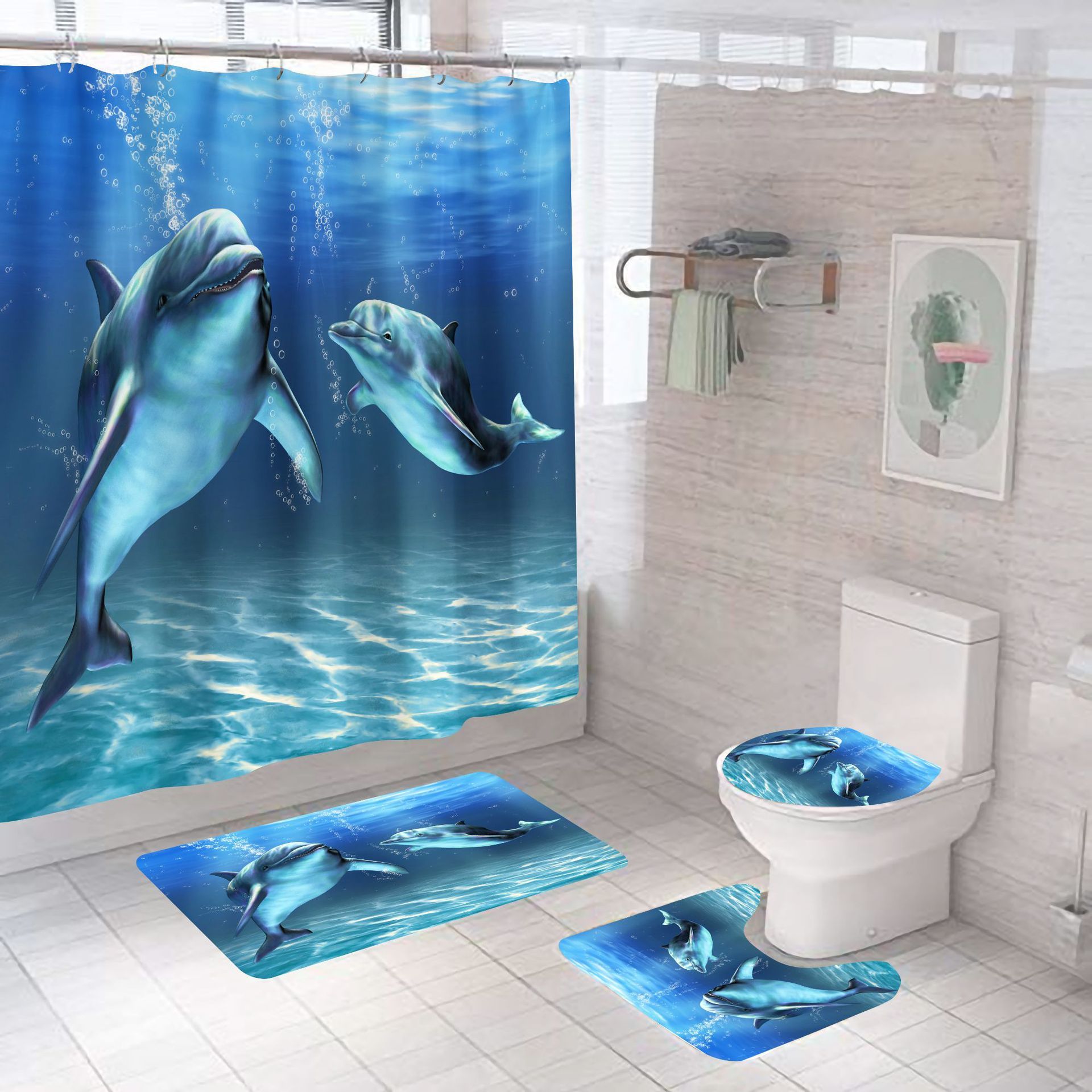 Manufacturers Sell Underwater World Series Waterproof Shower Cloth Digital Printing Bathroom Shower Curtain Four Sets Wholesale