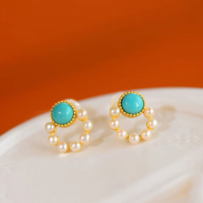 Turquoise Stud Earrings Pearl Circle Earrings