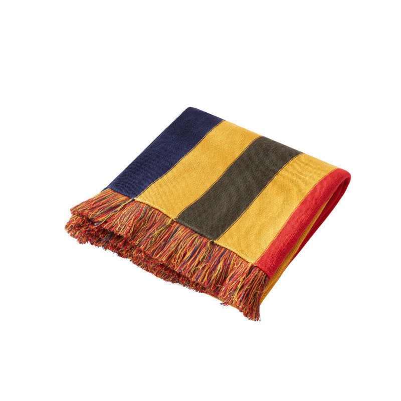 Striped Knitted Blanket With Fringed Striped Knitted Blanket