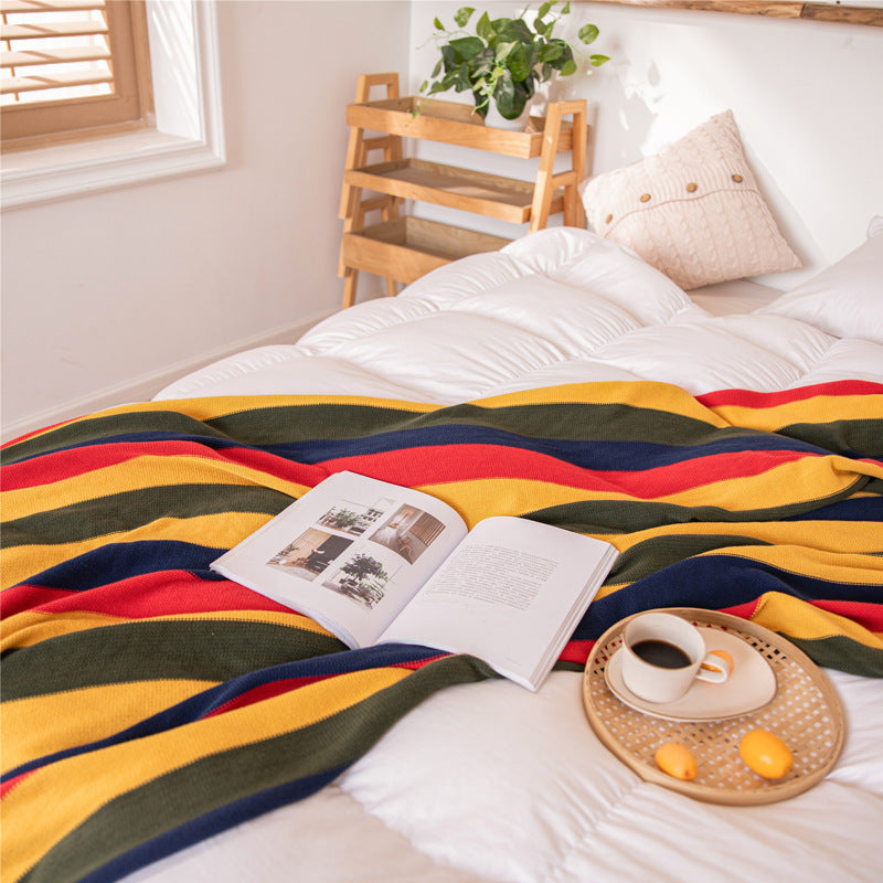 Striped Knitted Blanket With Fringed Striped Knitted Blanket