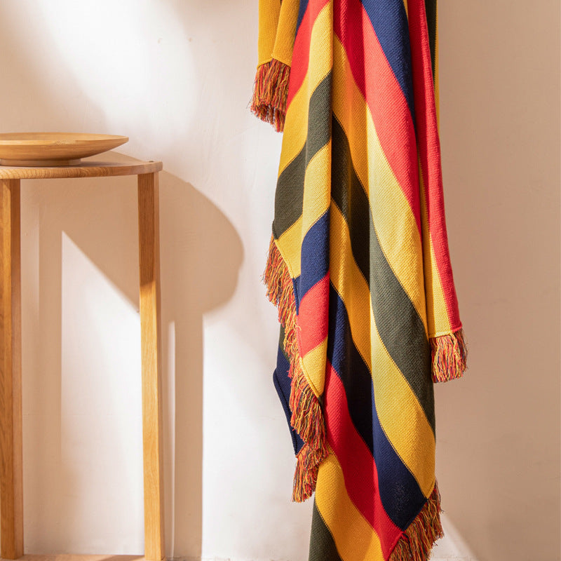 Striped Knitted Blanket With Fringed Striped Knitted Blanket