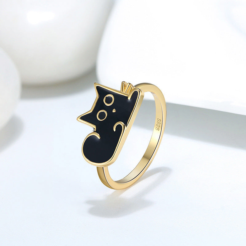 Cartoon black cat sterling silver ring