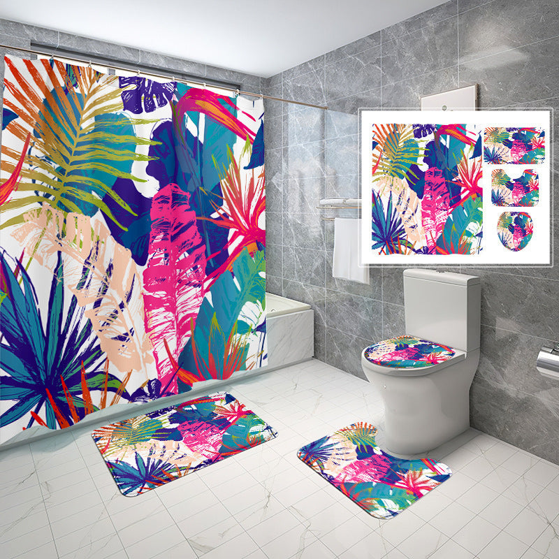 Natural Wind Leaves Printing Toilet Waterproof Shower Curtain Non-slip Floor Mat