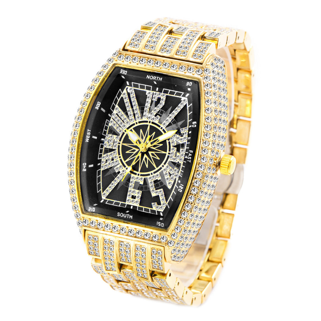 Montre pour hommes à grand cadran, entièrement incrustée de diamants, en forme de seau