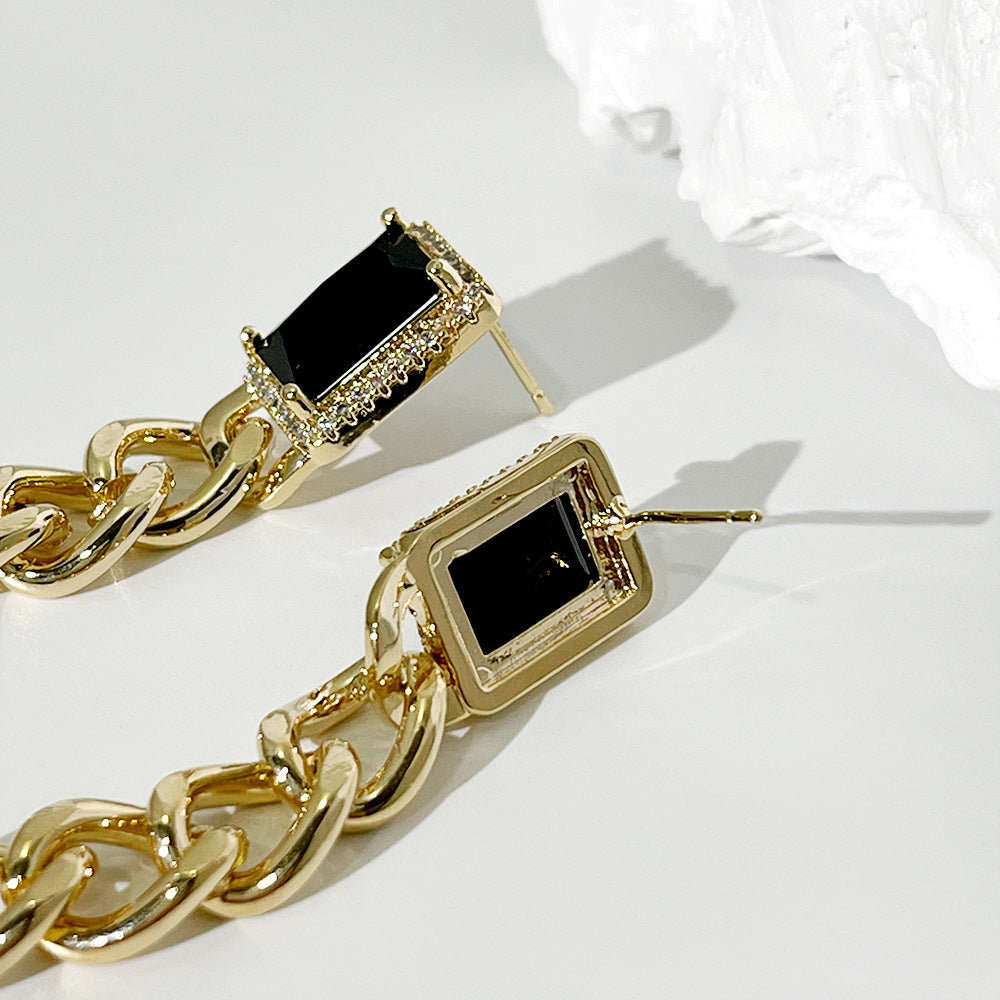 Long Vintage Simple Exaggerated Gemstone Chain Earrings