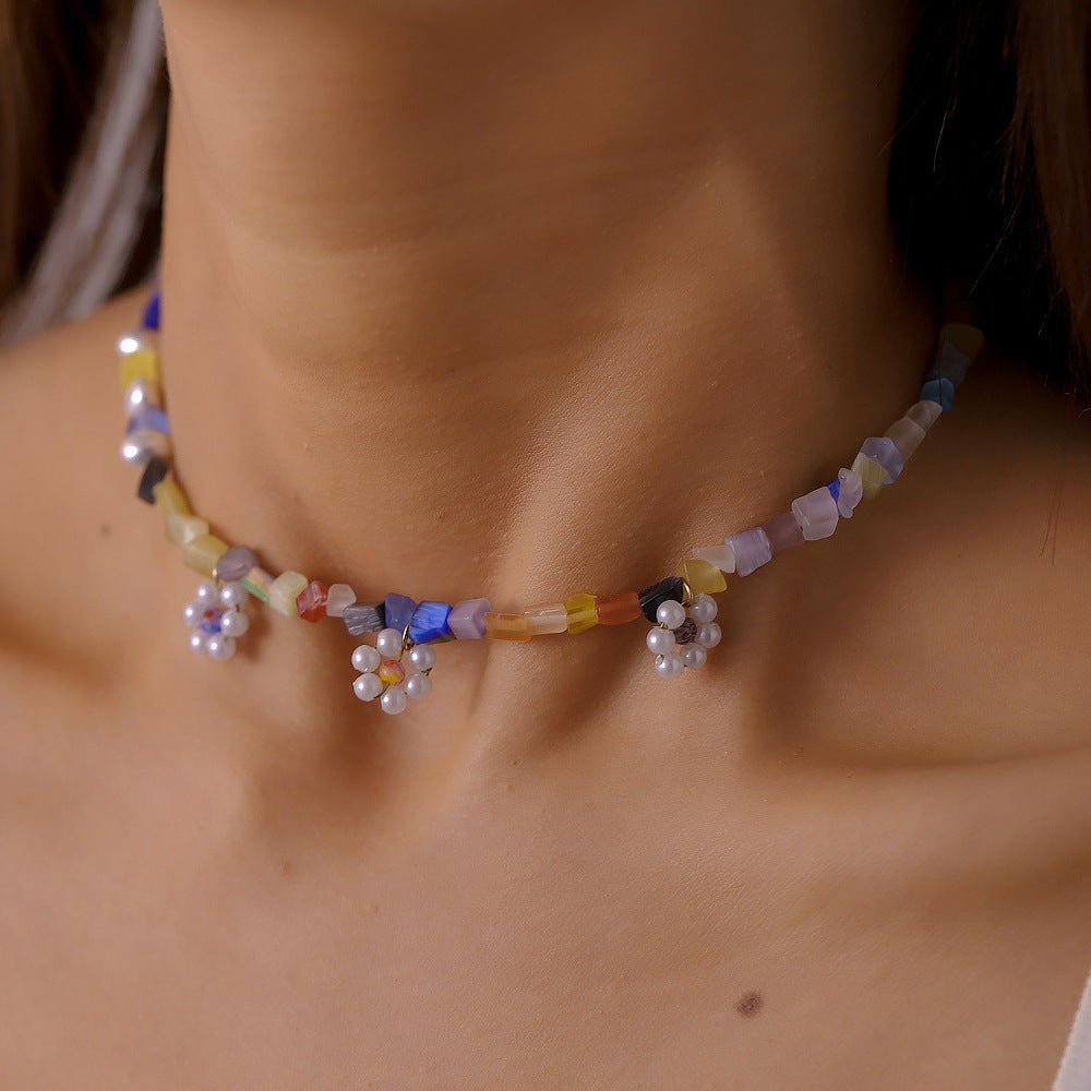 Pearl Flower Crushed Clavicle Necklace Short