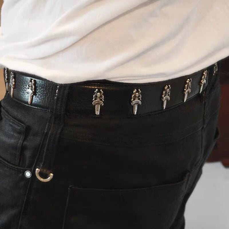 Cowhide Carved Roller Handmade 925 Sterling Silver Sword Retro Punk Belt