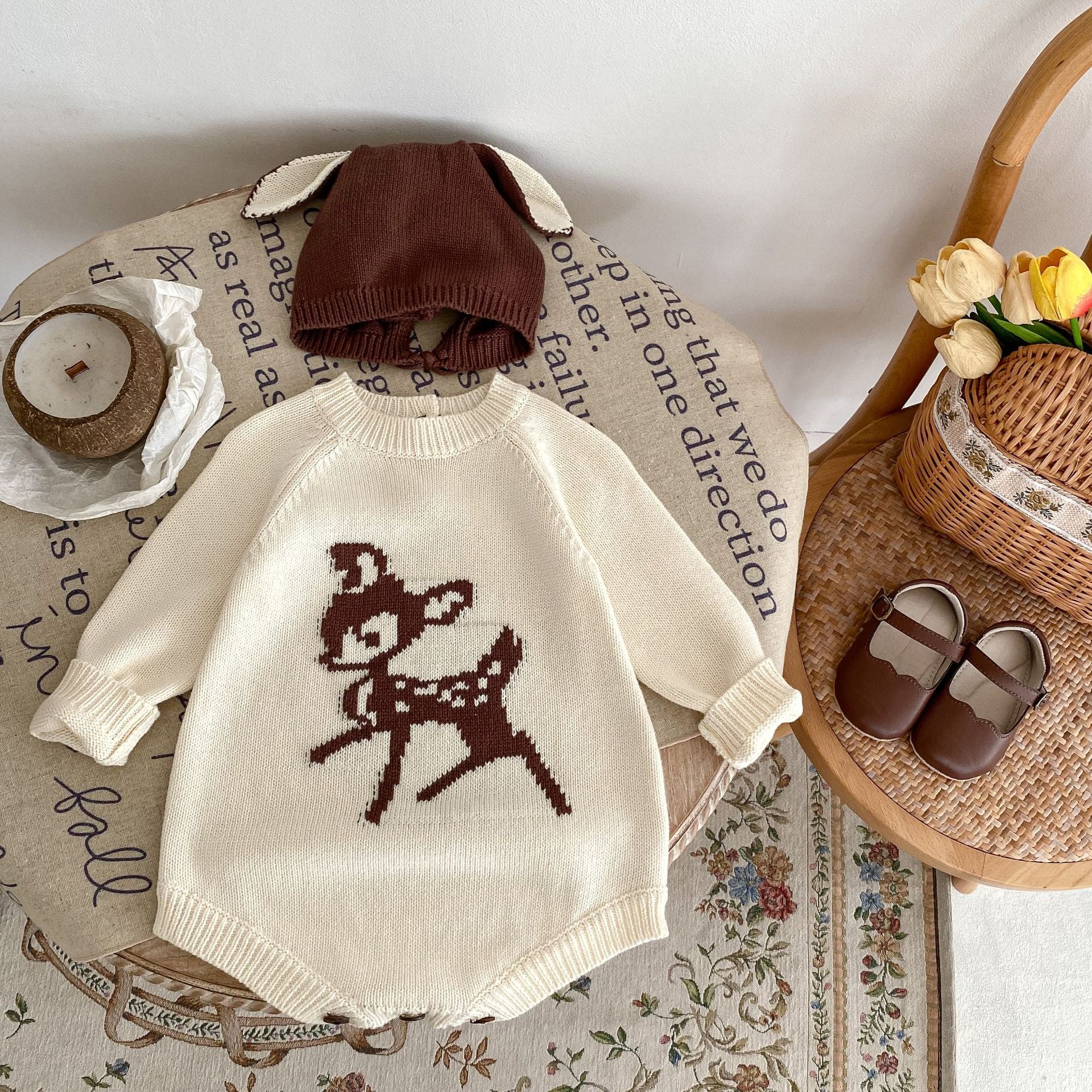 Autumn Infant Baby Girl Sika Deer Long Sleeve Knitted One-piece Sweater