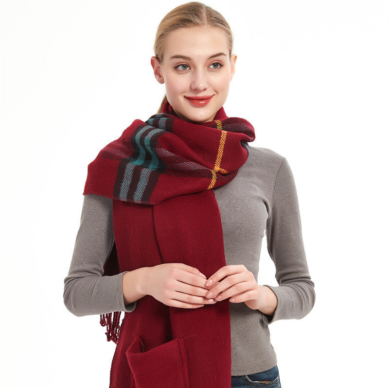 Thick Shawl Imitation Cashmere Fringed Pocket Plaid Scarf