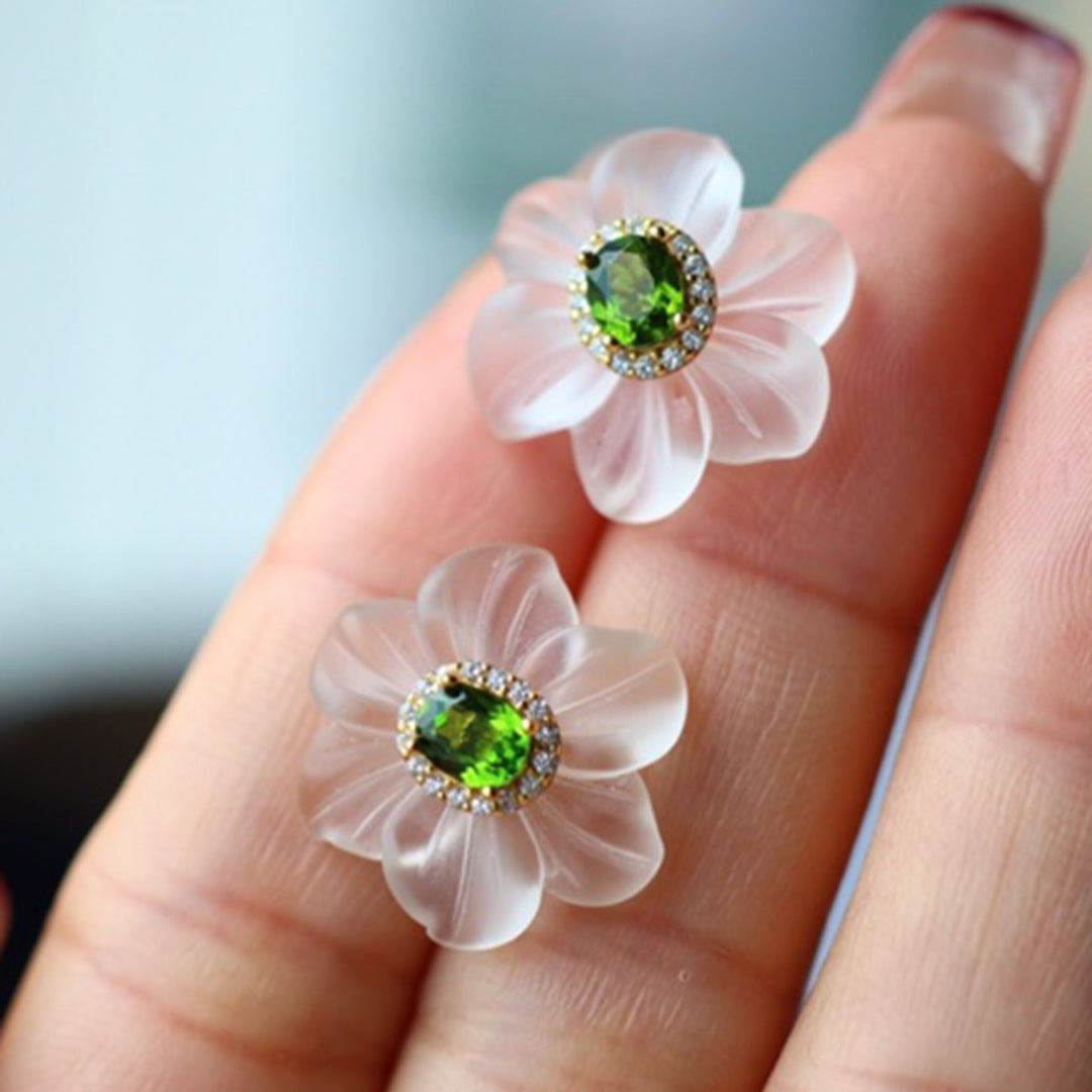 Natural White Crystal Carved Stud Earrings For Women