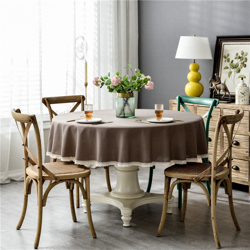 Waterproof Solid Color Faux Cotton Linen Lace Round Dining Tablecloth
