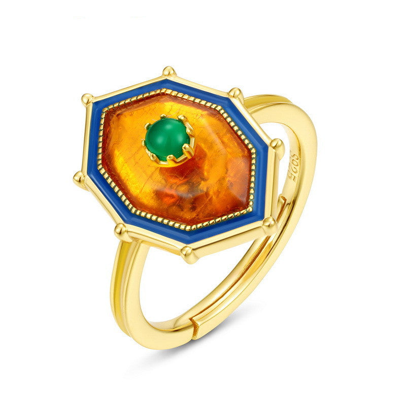 Natural Amber Ring Ethnic Style Sterling Silver