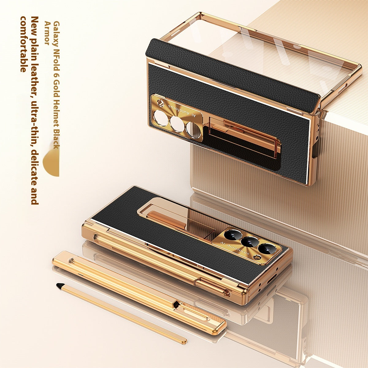 All-inclusive Electroplating Plain Leather Double Hinge Phone Case Hard Case With Pen Slot