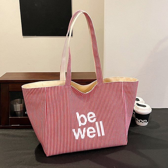 Large Capacity Tote Double-sided New Striped Casual One-shoulder Texture Embroidered Canvas Bag