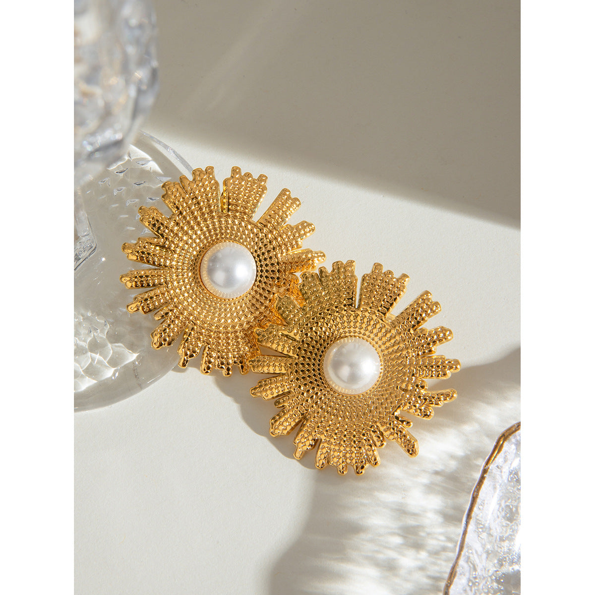 Stainless Steel Shell Pearls Hammer Texture Earrings