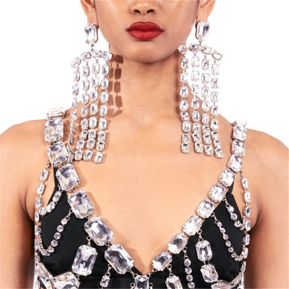 New Exaggerated Long Fringe Rhinestone Sparkling Earrings