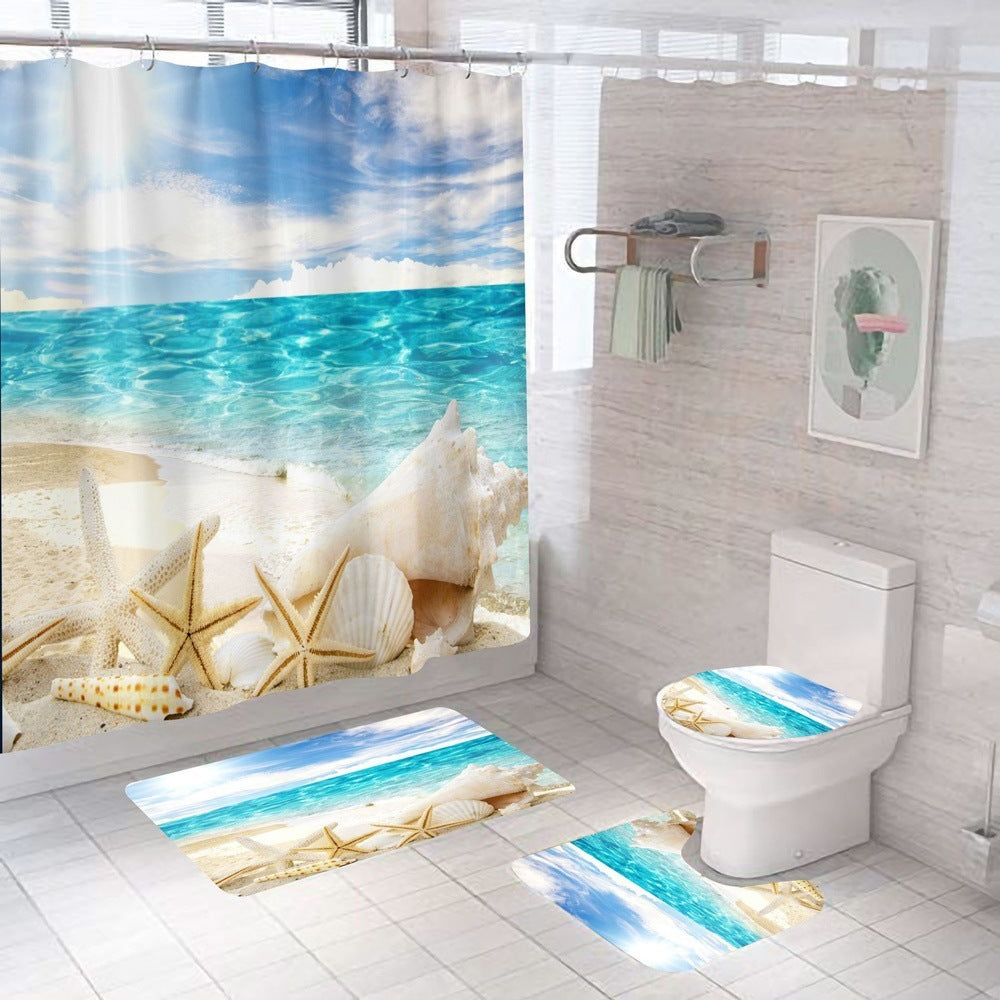 Beach Shell Printed Shower Curtain Carpet Bathroom Mat Four Piece Set