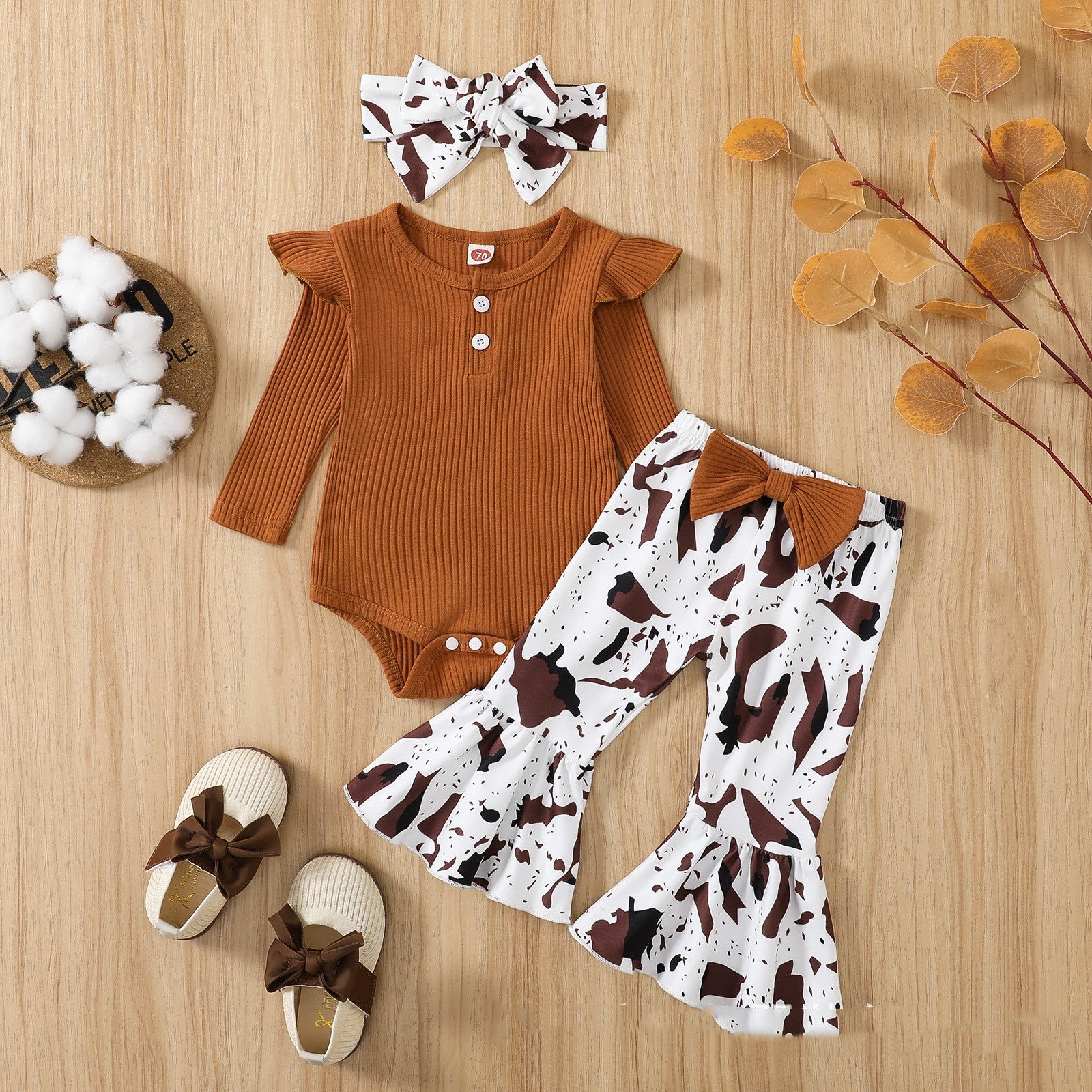 Romper Bell-bottom Pants Hair Band Three-piece Set