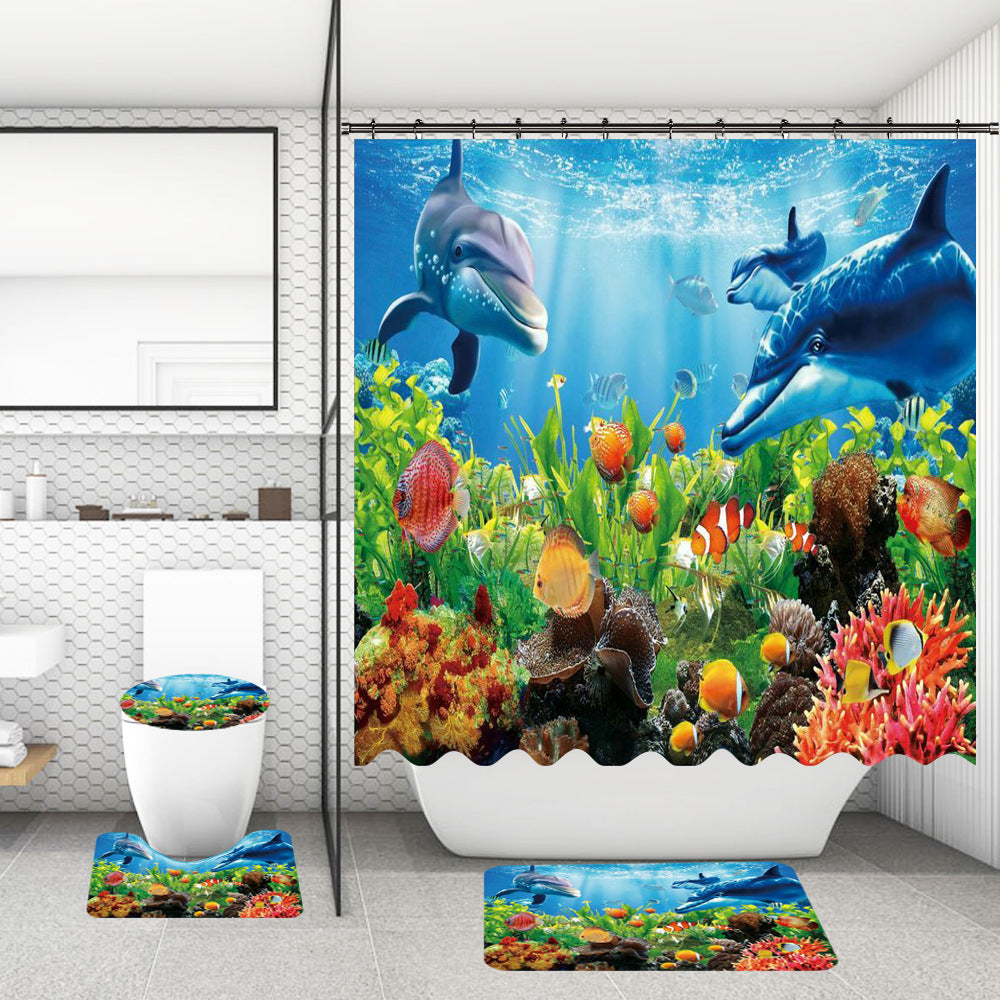 Bathroom Shower Curtain Floor Mat Suit Ocean World Printing