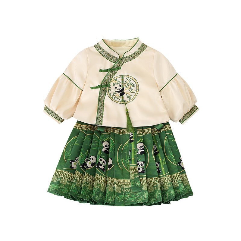 Girls Dress Fashion National Style Children's Two-piece Suit Horse-face Skirt