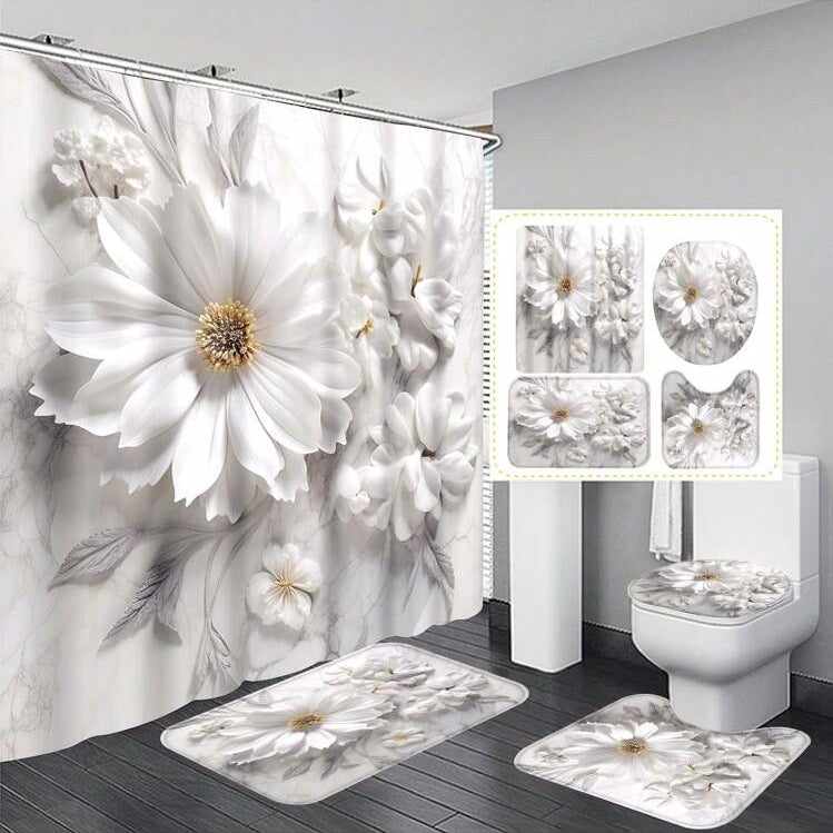 Simple Floral Pattern Waterproof Shower Curtain Suit