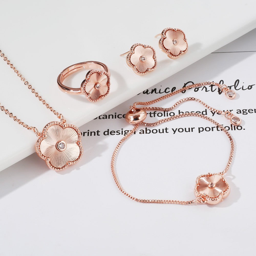 Gold Flower Bracelet Ring Earrings Bracelet Women's Suit