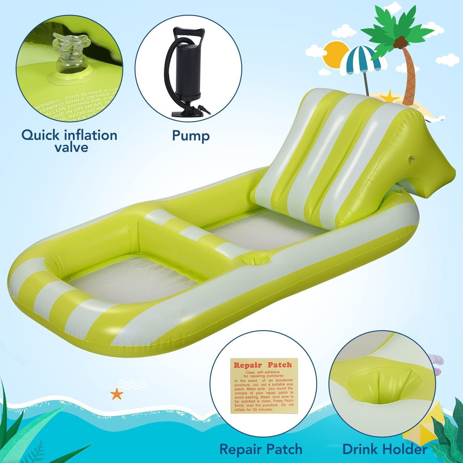 Inflatable PVC Striped Backrest Recliner For Water Float