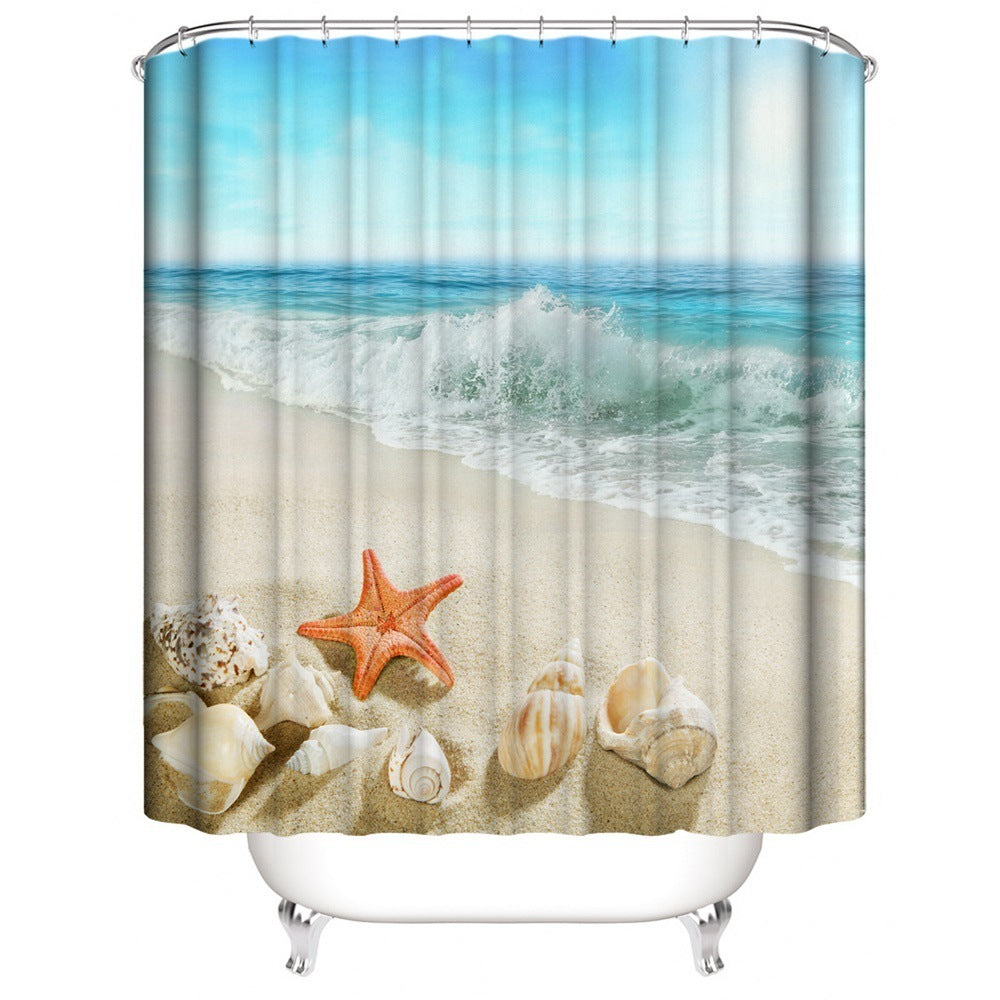 Beach Shell Printed Shower Curtain Carpet Bathroom Mat Four Piece Set