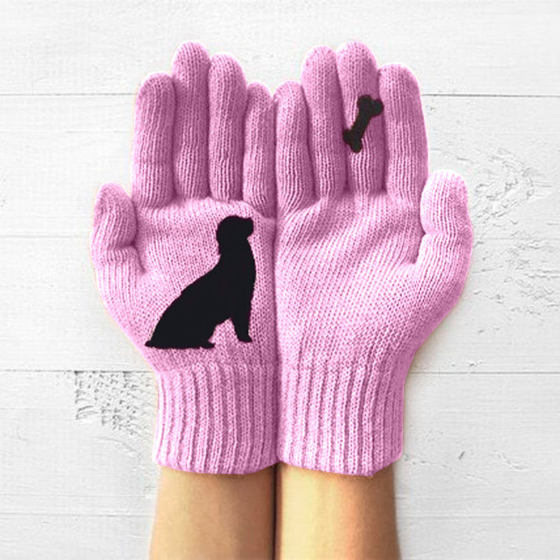 Women's Knitting Wool Gloves Autumn And Winter Finger Warm Thickened Puppy Bone Cute Printed Gloves