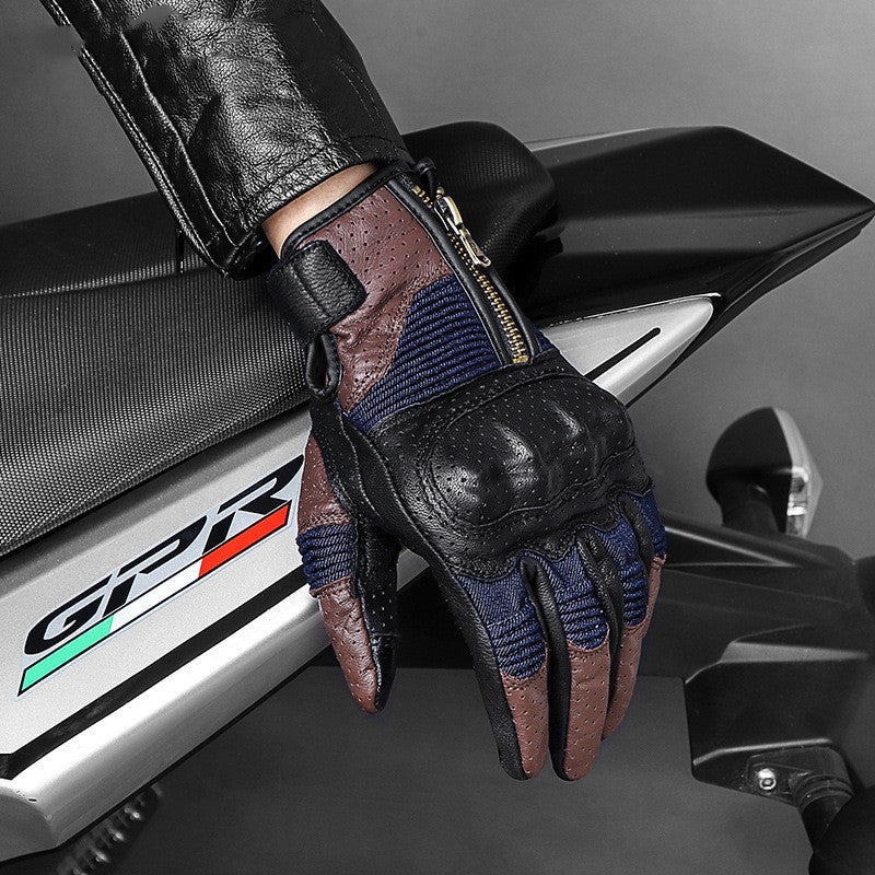 Men's Genuine Leather Sheepskin Vintage Perforated Motorcycle Gloves