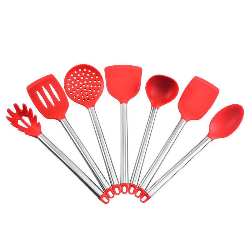 Ensemble d'ustensiles de cuisine 7 pièces en silicone et acier inoxydable, spatule et cuillère en silicone