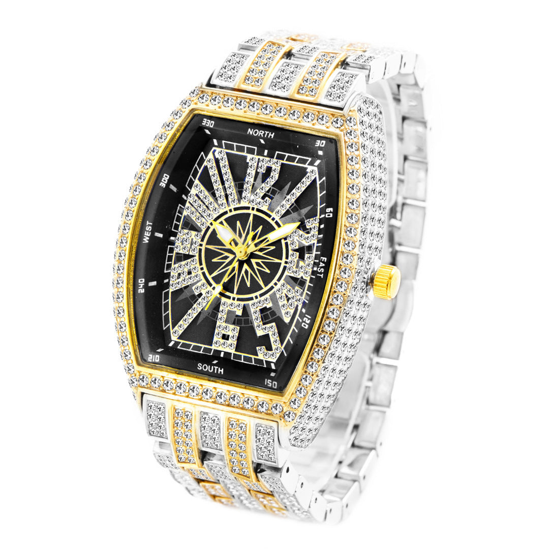 Montre pour hommes à grand cadran, entièrement incrustée de diamants, en forme de seau