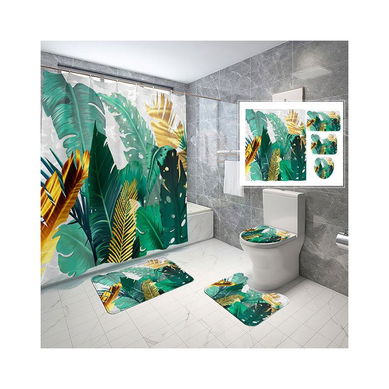 Natural Wind Leaves Printing Toilet Waterproof Shower Curtain Non-slip Floor Mat