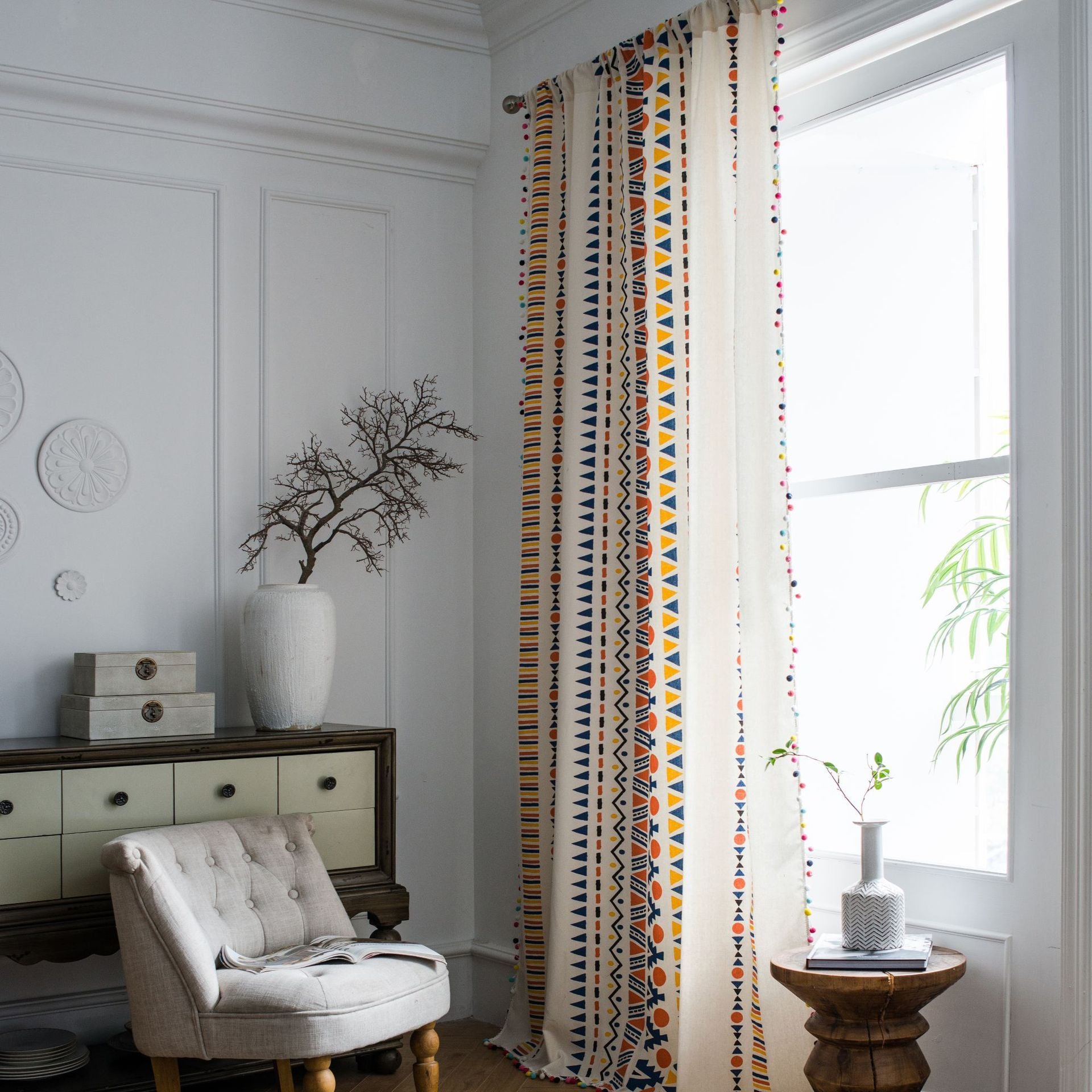 Curtain Cotton And Linen Printed Colorful Fur Ball Bohemian Style Country