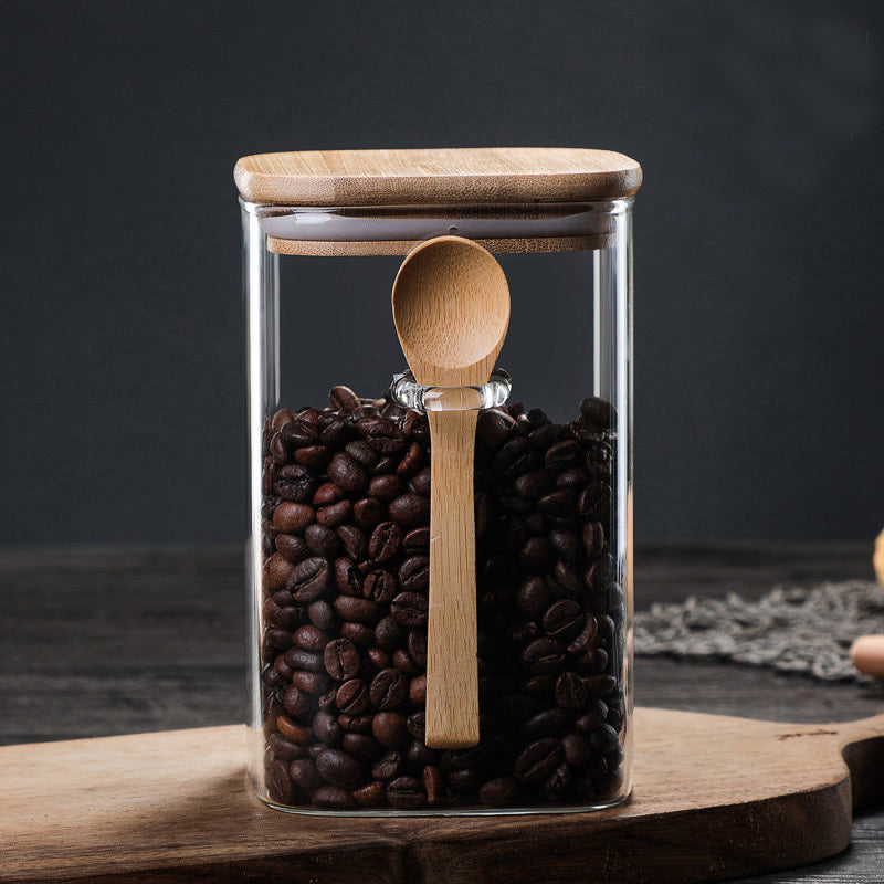 Square Glass Sealed Storage Jar With Wooden Spoon Seasoning