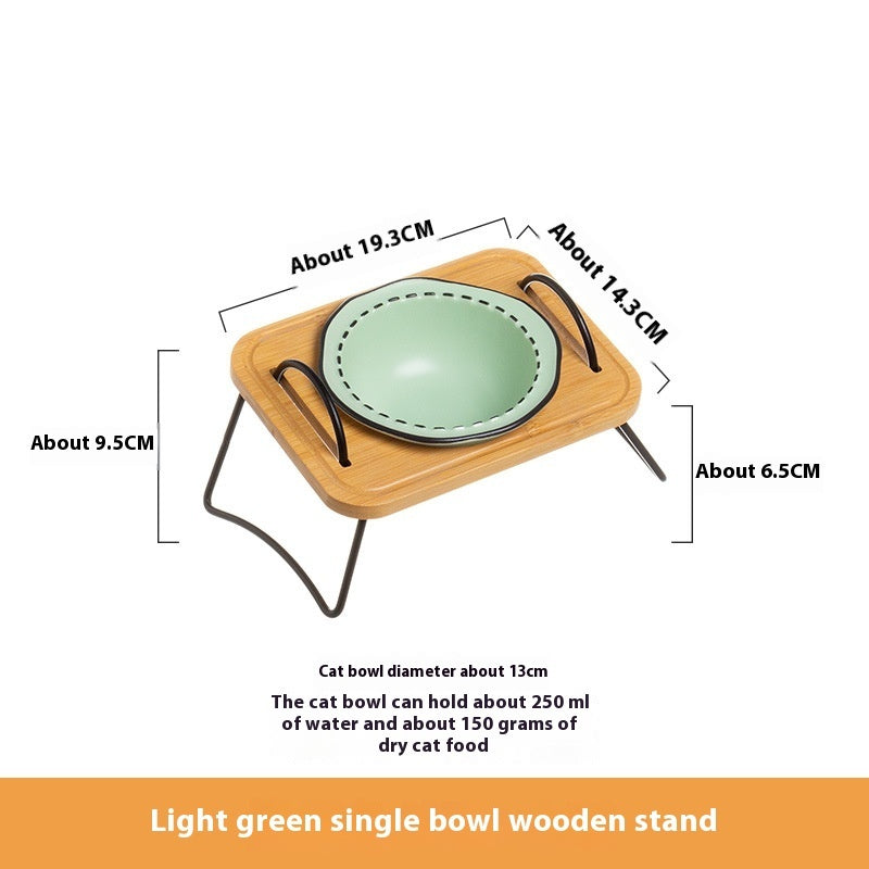 Étagère en bois pour animaux de compagnie Gamelle en céramique multifonctionnelle pour chat Anti-basculement Alimentation en eau Bouche oblique Facile à nettoyer