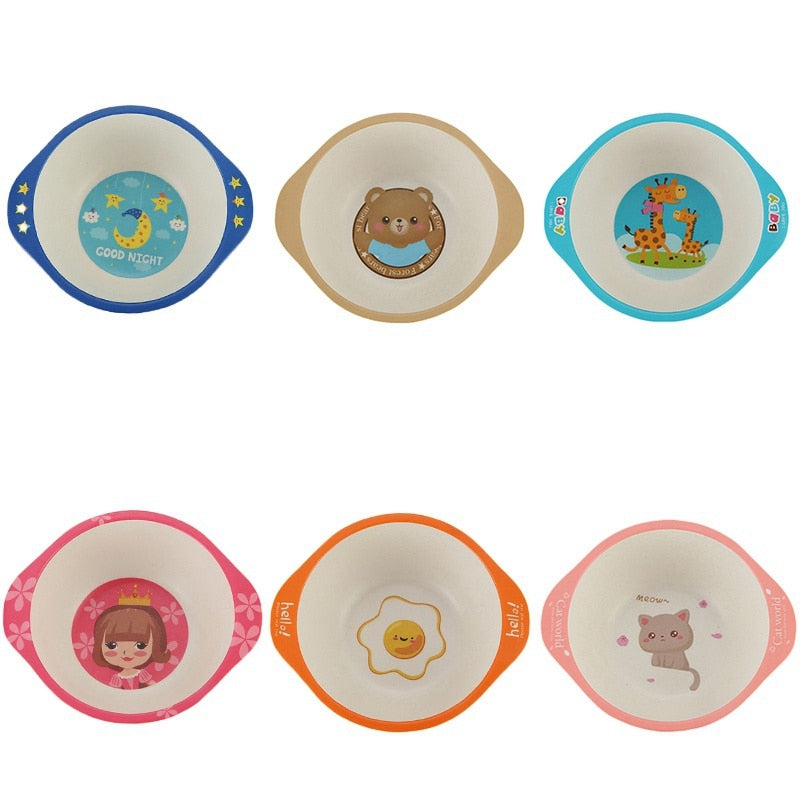 Bols pour bébé en fibre de bambou naturelle, motifs animaux de dessins animés, vaisselle pour bébé, assiettes portables pour enfants, nourrissons et tout-petits