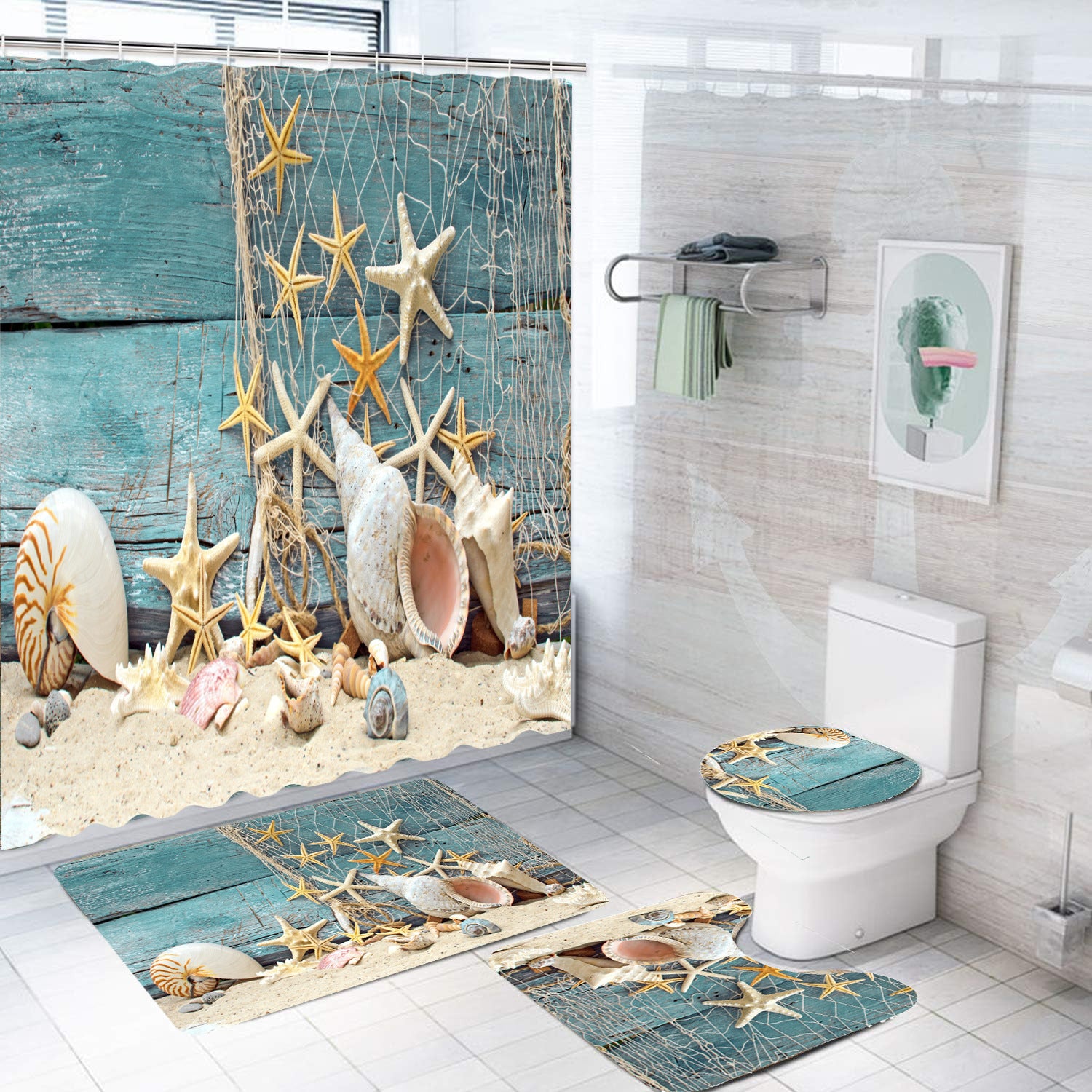 Bathroom Shower Curtain Floor Mat Suit Ocean World Printing
