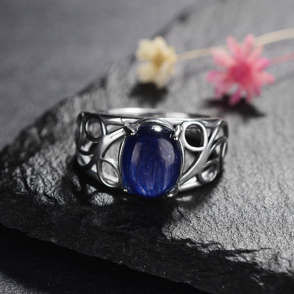 Retro Natural Gemstone Ring Hollow Pattern Ring