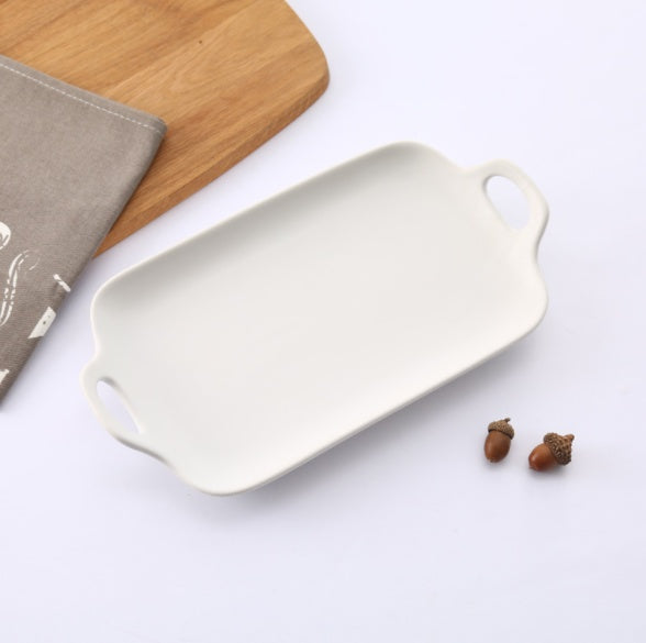 Japanese simple double ear baking tray, home ceramic tableware, matt glaze, rectangular plate, dessert plate