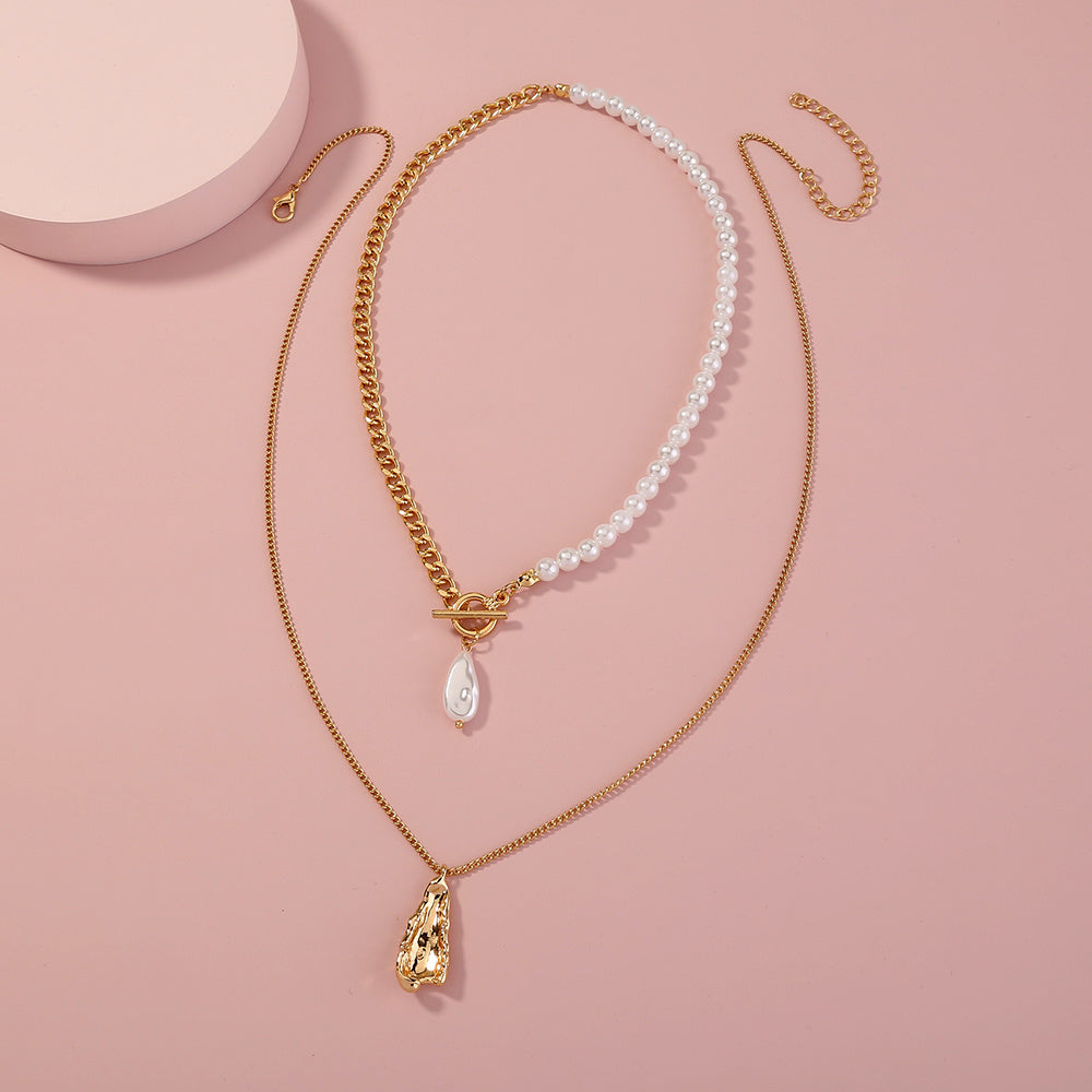 European and American foreign trade ins necklace OT buckle baroque pearl necklace splicing chain retro fashion clavicle chain female