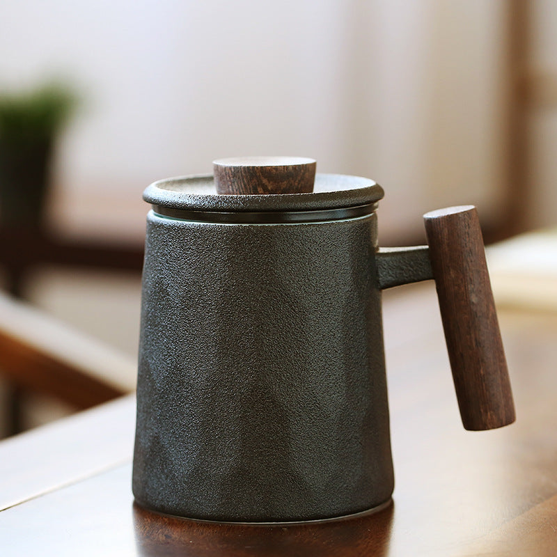 Ceramic Office Cup With Wooden Handle With Lid To Filter And Separate Crude Pottery Tea