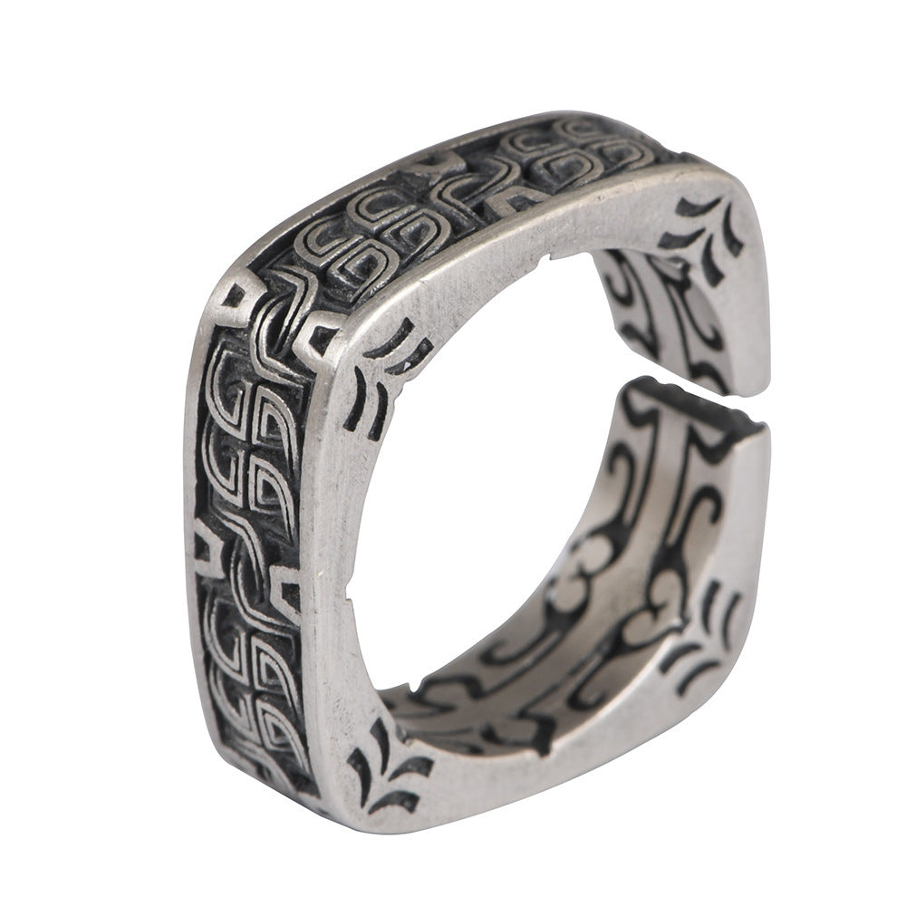 Vintage Thai Silver Craft  Women's Pattern Totem Square Ring