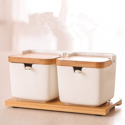 Creative Bamboo And Wood Clamshell Ceramic Seasoning Jar