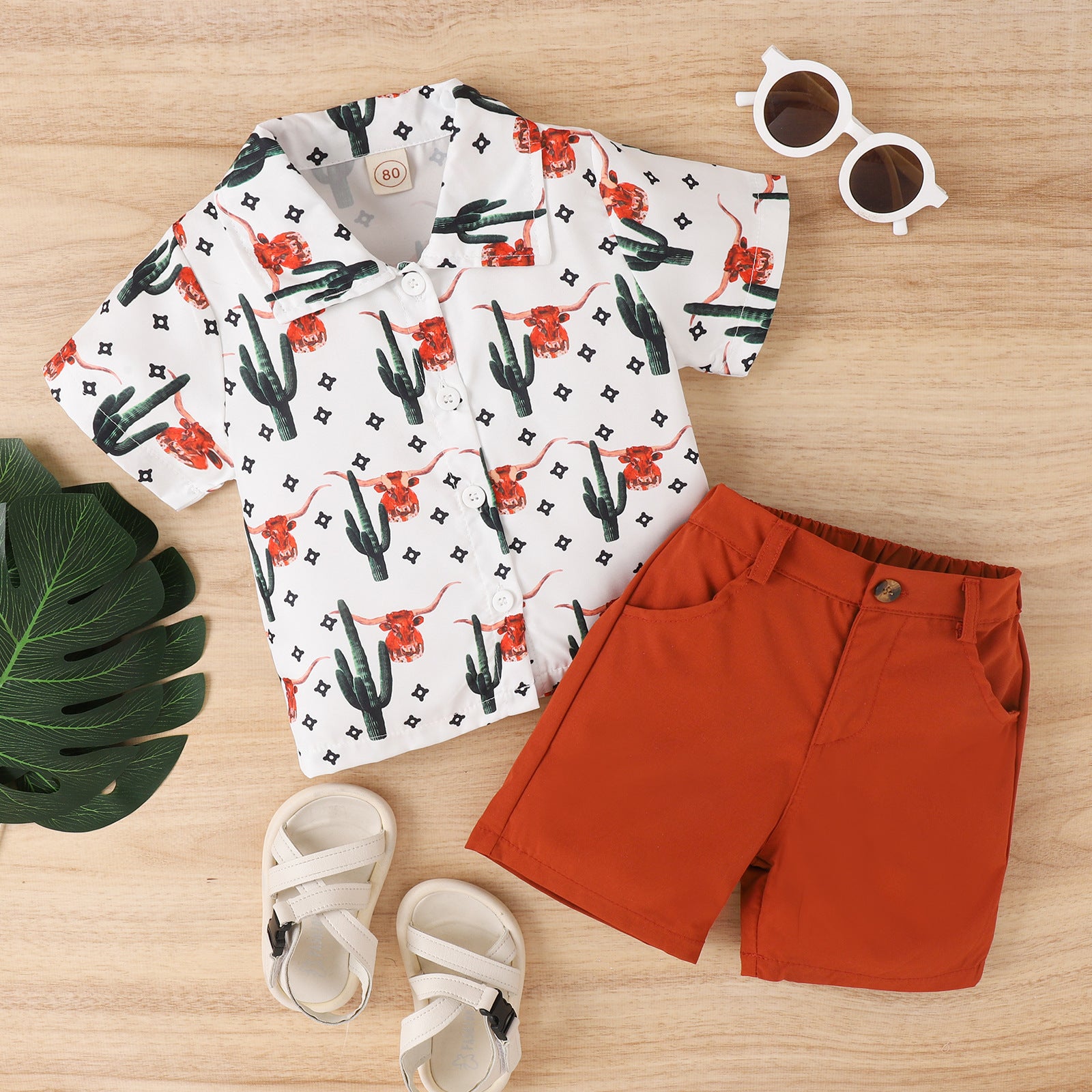Children Animal Print Short-sleeved Shirt And Shorts Suit